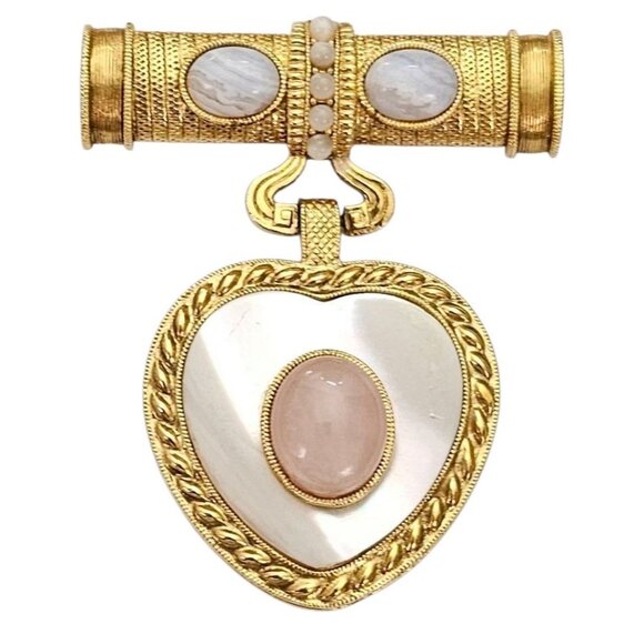 1928 Brand Gold Tone Blue Lace Agate Rose Quartz Brooch Heart Shell Inlay Dangle - Picture 8 of 8